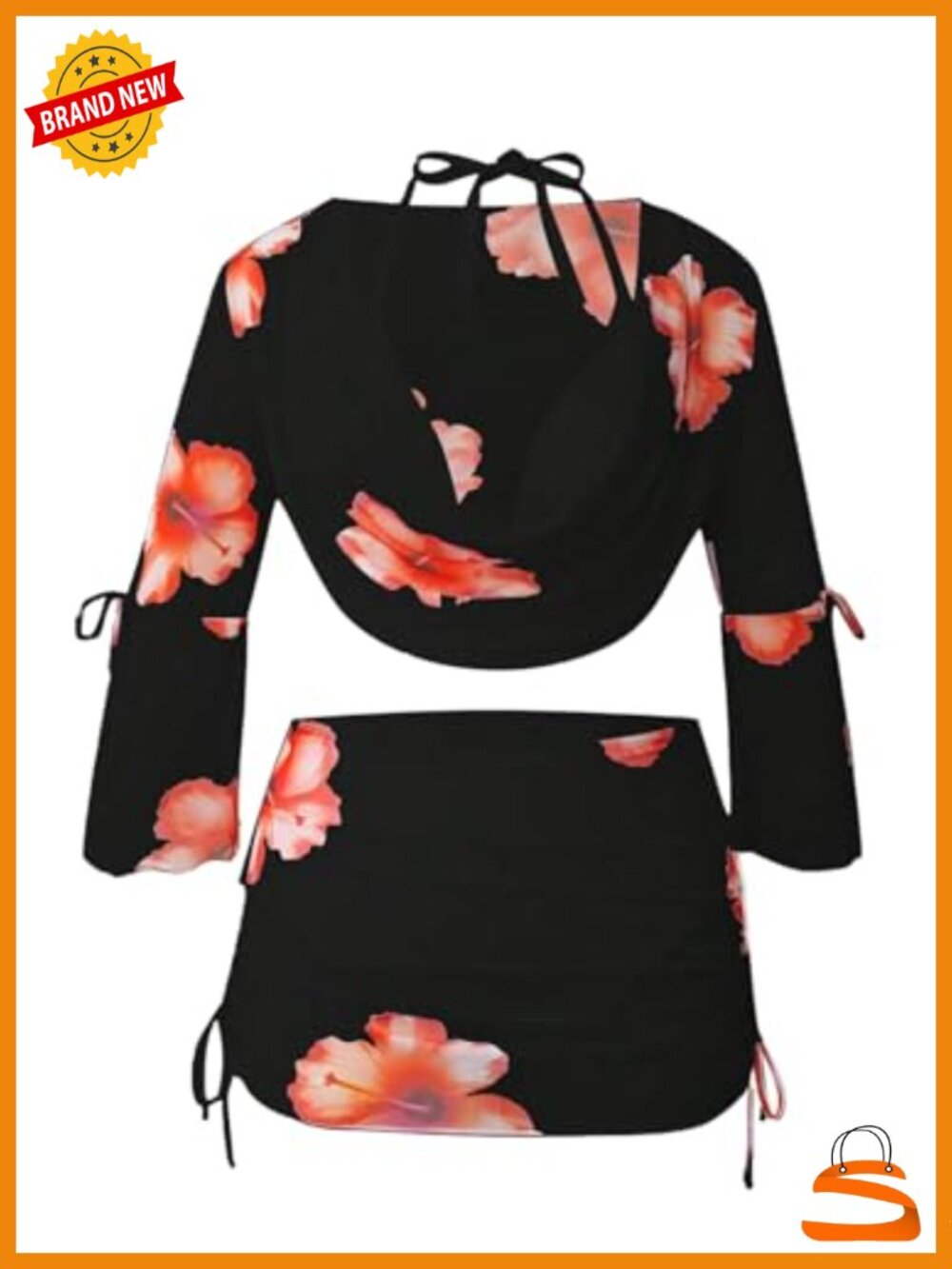 Plus Size 4 Piece Floral Bikini Swimsuit Set Long Sleeve Beach Skirt